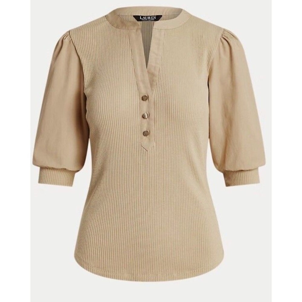 Lauren Ralph Lauren Plus 3X Puff-Sleeve Henley Cottage Boho Beige Tan jersey